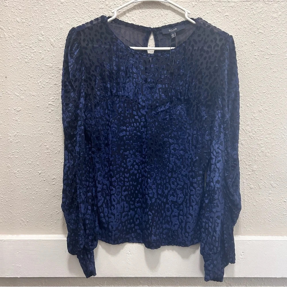 ECLAIR Navy Cheetah Velvet Mesh Long Sleeve Blouse Size Small